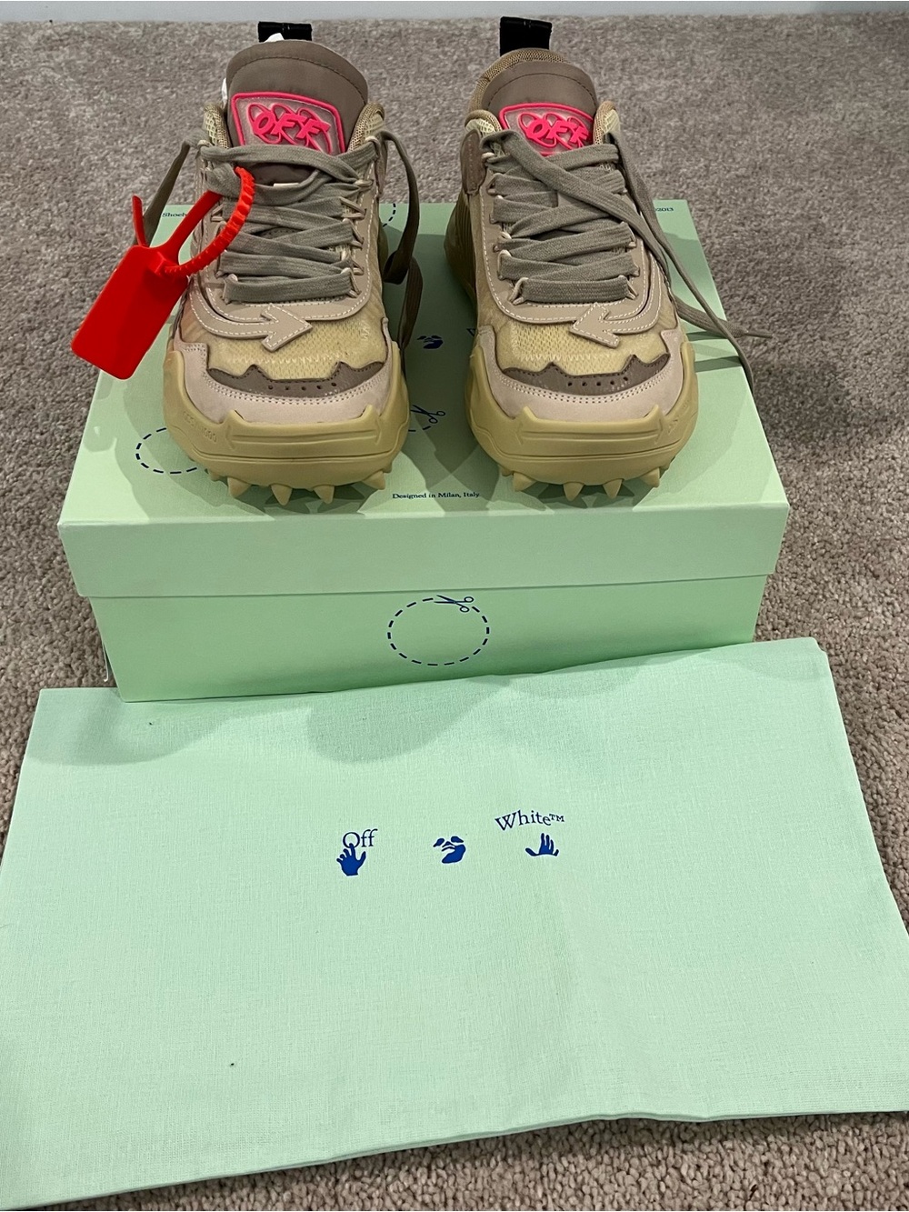 Off-White Beige Sneakers with Pink Logo Accent